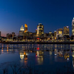 Cincinnati skyline reflected in river at dusk